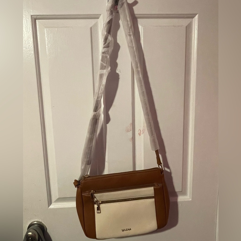 Elegant Brown and Cream Crossbody Bag with Structured Design